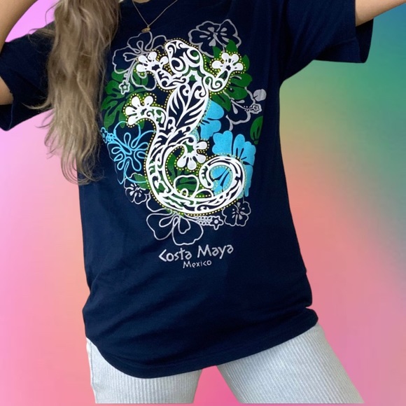 Vintage Other - Y2K Vintage Gecko Hibiscus Costa Maya Mexico Tee Floral Lizard Surfer Co…
